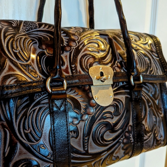 Patricia Nash Vienna Satchel Tooled Leather Bag, color Black Tuscan EUC - Picture 6 of 14